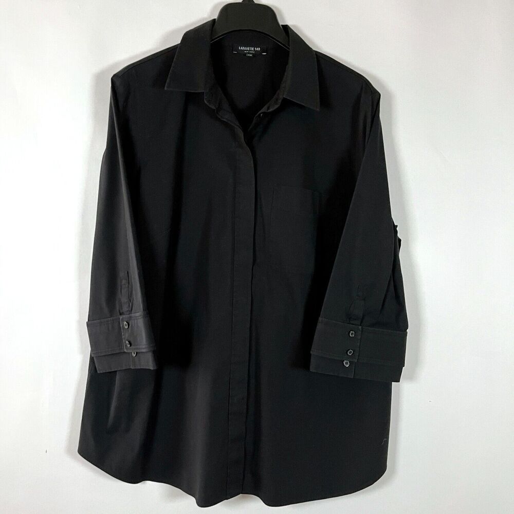 Lafayette 148 Button Up Tunic Shirt 16W Hidden Buttons Double Cuff Black Relaxed - Picture 1 of 9